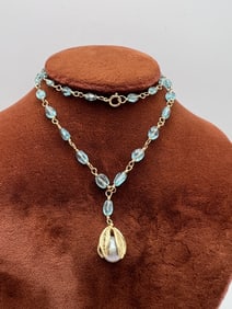 Estate 14kt Yellow Gold Blue Topaz Pearl Necklace
