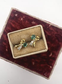 Estate 18kt Yellow Gold Emerald Diamond Earrings
