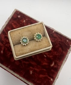 Estate 18kt Gold Emerald Diamond Halo Earrings