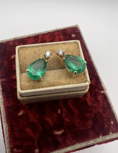Estate 14kt Gold Emerald & Diamond Earrings (1 of 9)