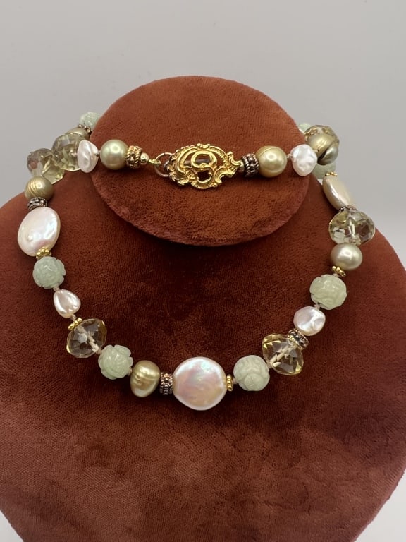 Cultured Pearl Citrine & Jade Necklace Strand (1 of 7)