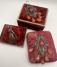 Vintage Sterling Amber Pendant w Filigree Earrings