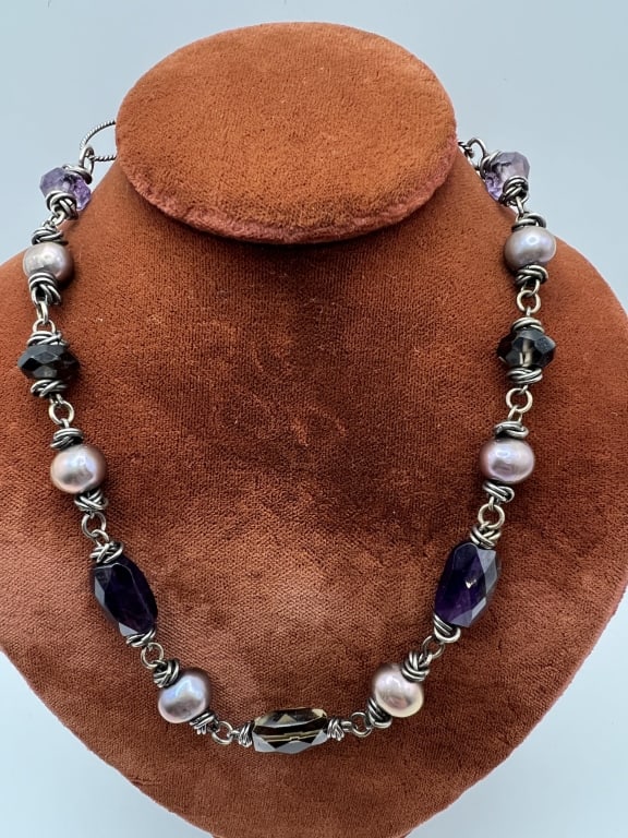 Chan Luu Amethyst Pearl & Smoky Quartz Necklace: Chan Luu Amethyst Pearl & Smoky Quartz Necklace. With toggle clasp. Signed CL on clasp. Measures 16 inches in length.