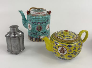 Two Chinese Porcelain Teapots & Tea Caddy
