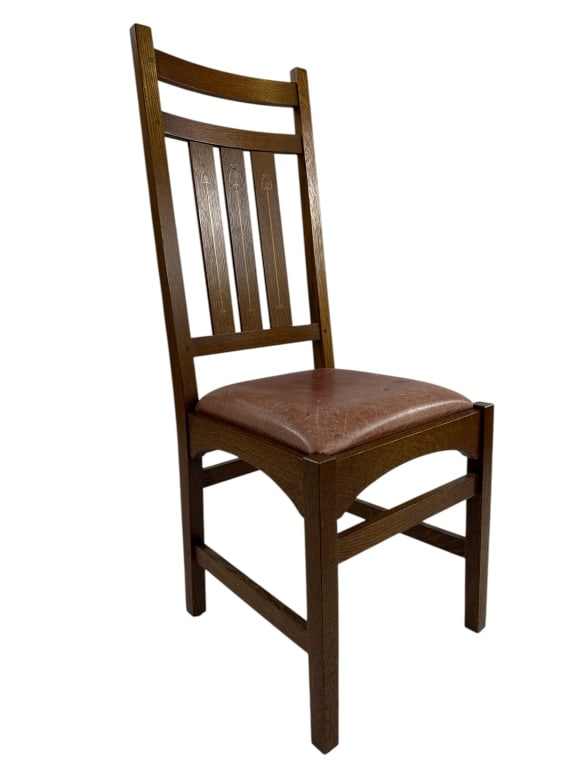 Stickley Harvey Ellis Craftsman / Mission Chair: Stickley Harvey Ellis Craftsman / Mission Style Chair w Leather Seat. Measures 43 x 17 x 17 inches, floor to seat is approximately 19 inches. Signed.