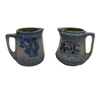 Two Antique Stoneware Pottery Delft Scene Pitchers
