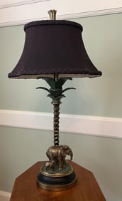 Vintage Bronze Elephant & Palm Tree Motif Lamp