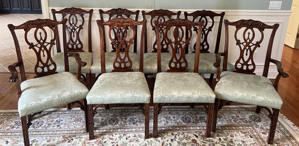 Eight Chinese Chippendale Carved Dining Chairs: Set of Eight Chinese Chippendale Hand Carved Dining Chairs. Set comprises two armchairs and six side chairs each with hand carved backs, legs, etc in the Chinese Chippendale fashion. Custom upholstere