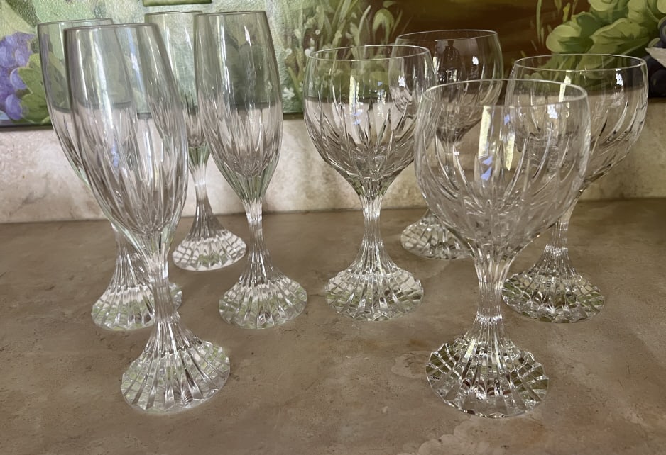 Assorted French Baccarat Massena Crystal Stems: Assorted French Baccarat Massena Crystal Stemware. Four champagne flutes and four wine glasses in matching pattern. Signed.
