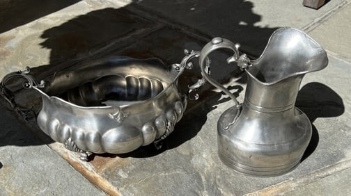 Vintage Signed Pewter Cache Pot & Pitcher