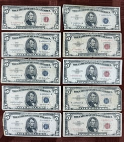 Collection of Ten Series 1953 $5 Dollar Bills