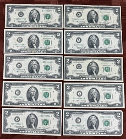 Collection of 10 Bicentennial Year 1976 $2 Bills