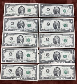 Collection of 10 Bicentennial Year 1976 $2 Bills