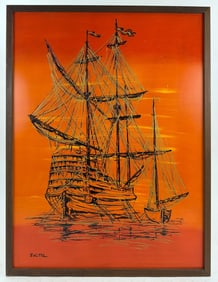 Large Mid Century Modern Nautical Ship Painting