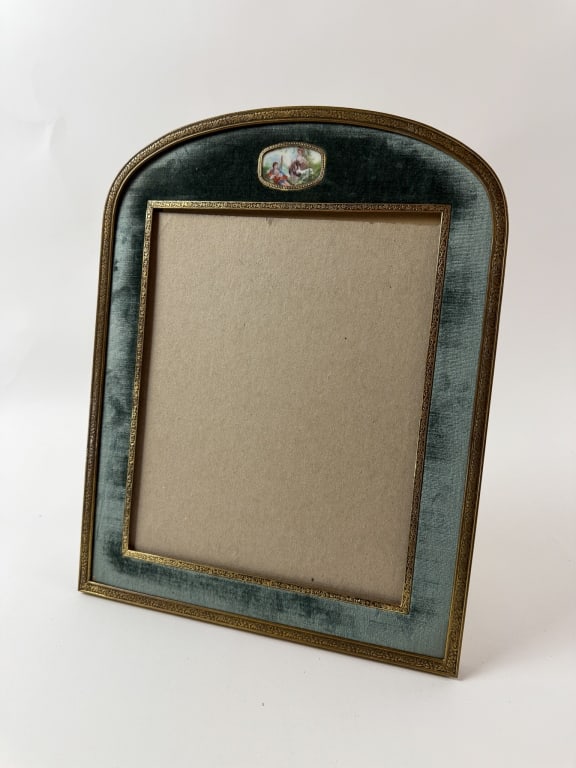 Antique Ormolu & Porcelain Frame w Velvet Border: Antique Ormolu & Porcelain Frame w Velvet Border. Measures 14 x 11 inches overall.