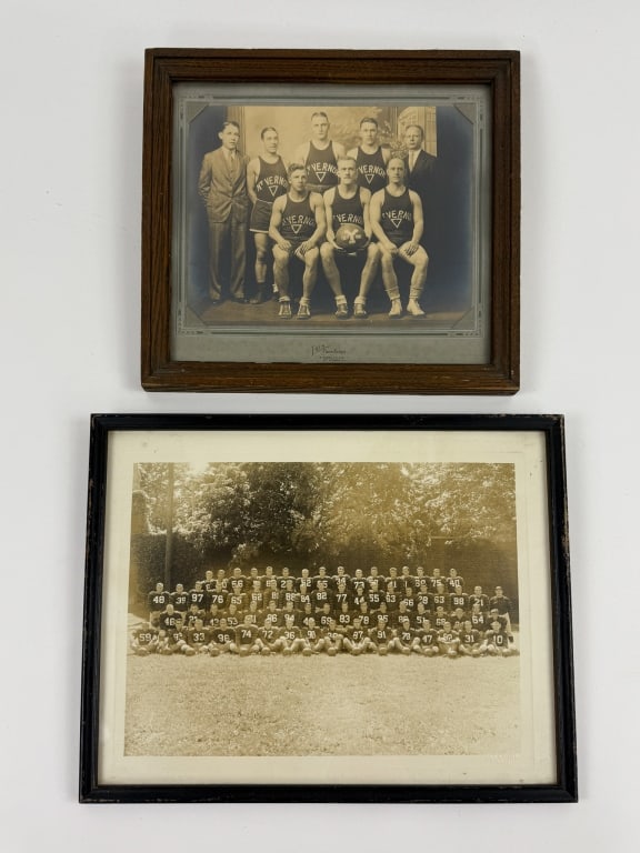 Two Antique American Athletic Team Framed Photos: Two Antique American Athletic Team Framed Photos. Both in wooden frames, mounted and behind glass. One is marked from Princeton and one is marked for Mount Vernon. Basketball and football teams. Large