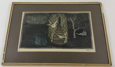 Lars Bo Framed Surrealist Etching Nudes & Birds