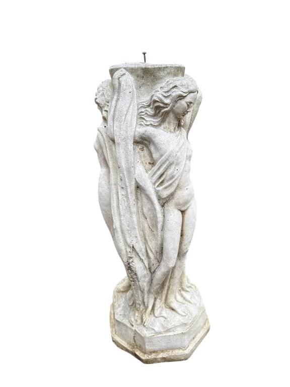 Garden Statue / Display Pedestal of Three Graces: Garden Statue / Display Pedestal of Three Graces. Figural nude garden statue or base / display pedestal with relief of the three graces. Measures 27 inches in height and approximately 10 inches in dia