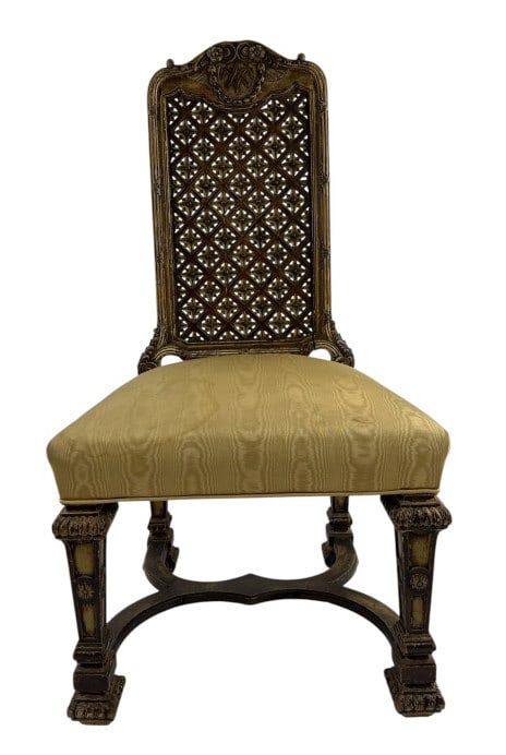 Antique Late 19th C Renaissance Revival Side Chair: Antique Late 19th C Renaissance Revival Side Chair w Moire Silk Seat. Measures 46 x 23 x 19.5 inches, floor to seat approximately 20 inches.