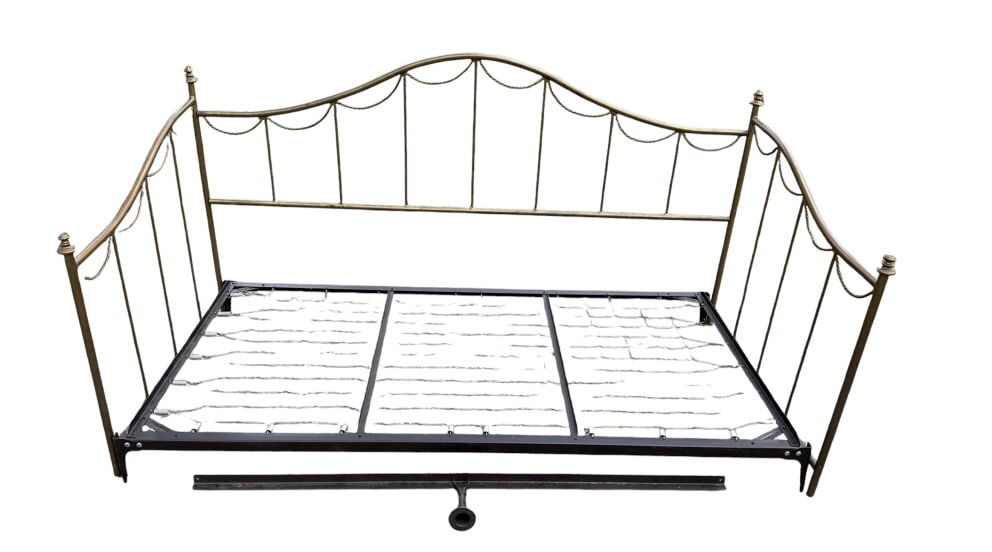 Vintage Twin Size Gilt Metal Day Bed Frame: Vintage Twin Size Gilt Metal Day Bed Frame. Includes back panel, two side panels, box spring stand. Measures approximately 38 inches in height, 79 39 inches in width and inches in depth.
