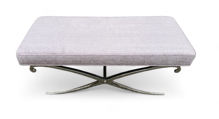 Karl Spring Chrome Base Custom Upholstered Bench: Karl Spring Chrome Base Custom Upholstered Bench. Bench attributed to Karl Springer, custom upholstered with chenille type fabric for the seat. Measures approximately 22 x 50 x 21 inches.