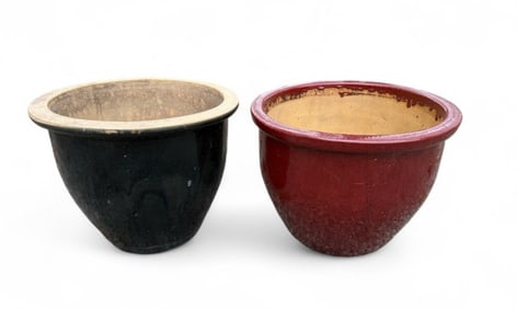 Two Large Scale Glazed Terracotta Garden Pots