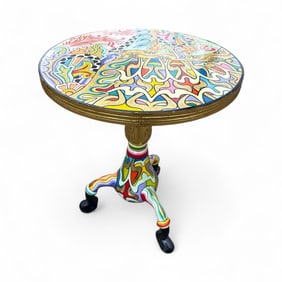 Whimsical Artisan Hand Painted Pedestal End Table