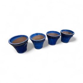 Four Cobalt Blue Glazed Terracotta Garden Pots