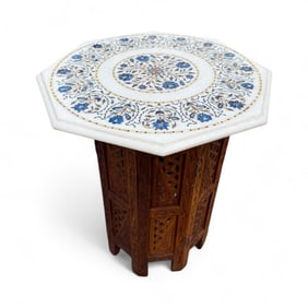 Pietra Dura Inlaid Marble Top Carved End Table