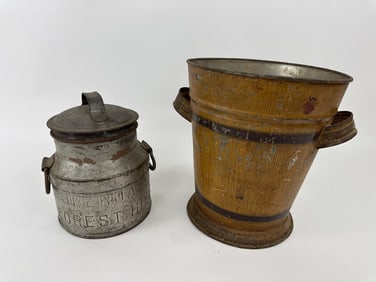 Antique 19th C Faux Grain Painted Pail & Dairy Tin