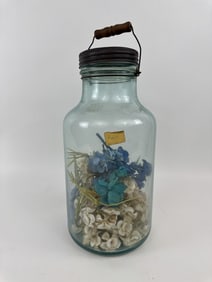 Large Scale Antique Glass & Metal Jar w Flowers