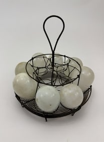 Antique Wire Work Egg Basket w Blown Glass Eggs