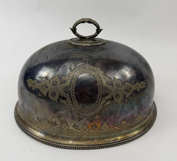 Antique English Mappin & Webb Silver Plate Dome: Antique English Mappin & Webb Silver Plate Dome. Plate or tureen cover. Interior is marked Mappin & Webb Princess Plate. Measures approximately 9. 5 x 14 x 11 inches.