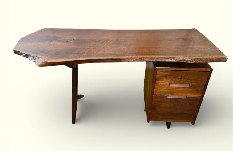George Nakashima Desk from Estate of Orig Owner: George Nakashima Desk from Estate of the Original Owner. American woodworker and architect, George Nakashima born May 24, 1905, Spokane, WA - died June 15, 1990, New Hope, PA. This lot along with the