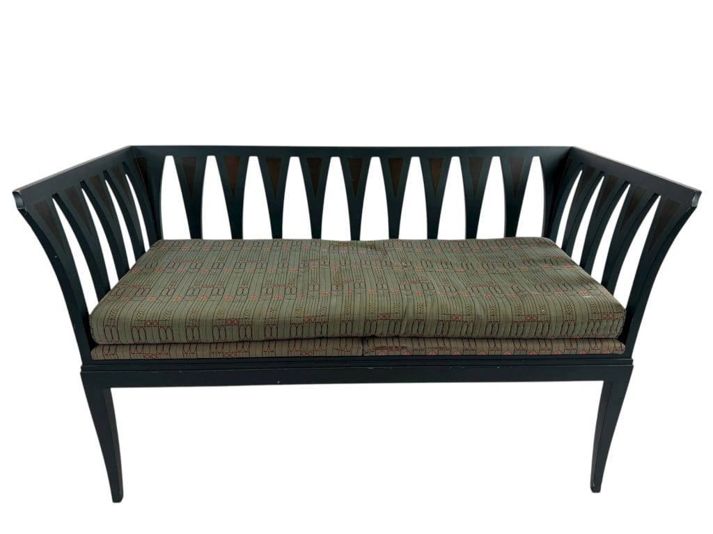 Eliel Saarinen Cranbrook Arts & Crafts Style Bench: Eliel Saarinen Cranbrook Arts & Crafts Style Bench. Hand painted with some loss to painted surfaces. Includes original upholstery and seat cushion. Signed plaque on underside. Measures 30 inches in
