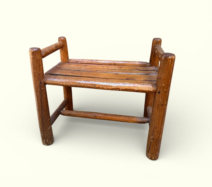 Habitant Adirondack Log Cabin Style Bench: Habitant Adirondack Log Cabin Style Bench. Made by Habitant Furniture from Michigan. Measures approximately 22.5 inches in height, 26 inches in width, 15 inches in depth. From a Lake Waccabuc, New