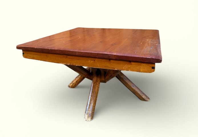 Habitant Adirondack Log Cabin Style Coffee Table: Habitant Adirondack Log Cabin Style Coffee Table. Made by Habitant Furniture from Michigan. Measures approximately 17.5 inches in height, 29.5 inches in width and depth. From a Lake Waccabuc, New
