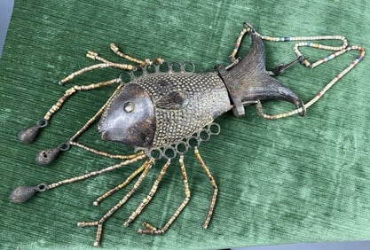 Antique Benin Bronze Fish Motif Box Purse w Beads