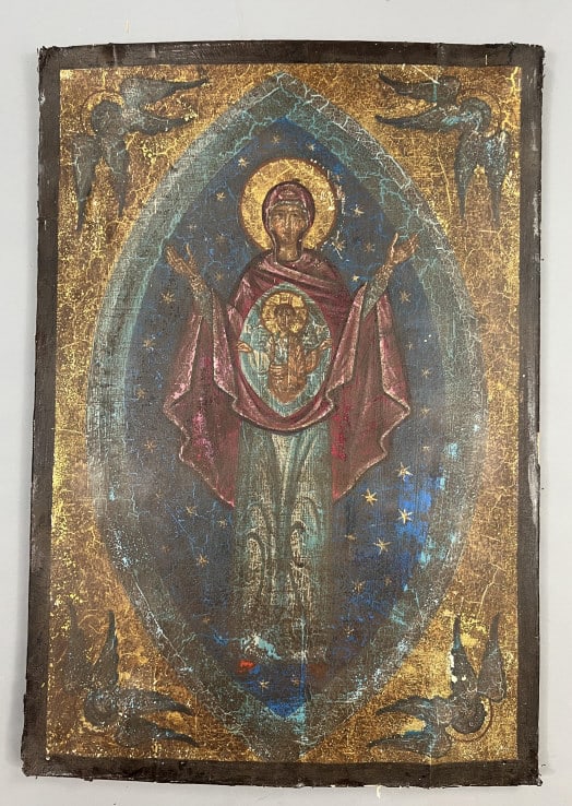 Antique Greek Orthodox Our Lady of the Sign Icon: Antique Greek Orthodox Our Lady of the Sign Icon. Hand painted Virgin Mary icon. Antique oil painting on canvas laid down on wooden panel. Each corner with cherub. Measures approximately 24 x 16.5