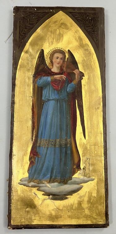 Antique 19th C Italian Saint Painting w Provenance: Antique 19th C Italian Saint Painting w Provenance. Antique Italian oil painting of an angel, in the Florentine style. Manner of Fra Giovanni da Fiesole. Antique oil painting on canvas, some damages