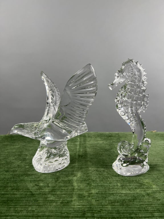 Waterford Crystal Art Glass Seahorse Eagle Statues: Waterford Crystal Art Glass Seahorse & Eagle Statues. Both are signed. Sea horse measures approximately 7.25 inches in height. Eagle measures approximately 6.75 inches in height.