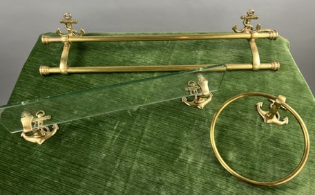 Vintage Nautical Motif Brass & Glass Bathroom Set
