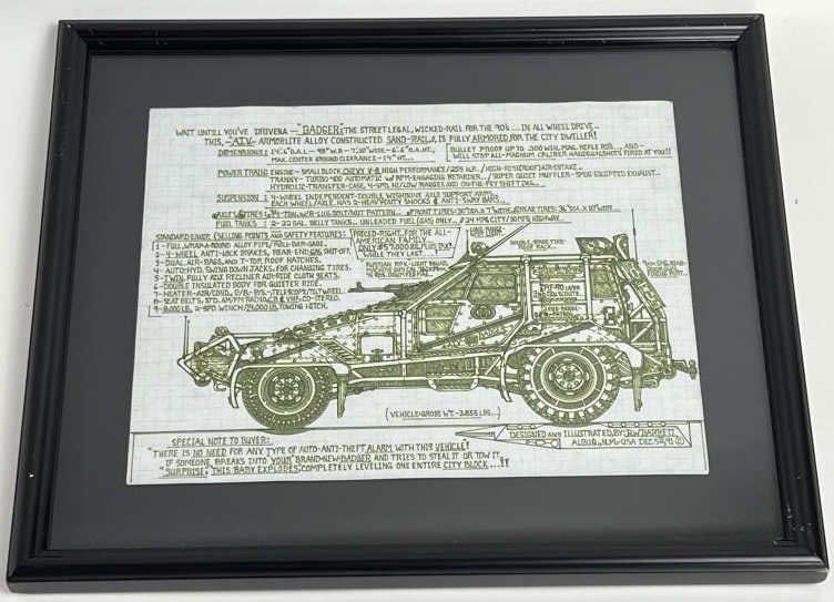 R W Barrett - Original Drawing in Custom Frame: R W Barrett - Original Drawing in Custom Frame. One of four in this auction. Custom framed and matted. Signed by the artist. This is an original ink / marker drawing in very high detail of an ATV