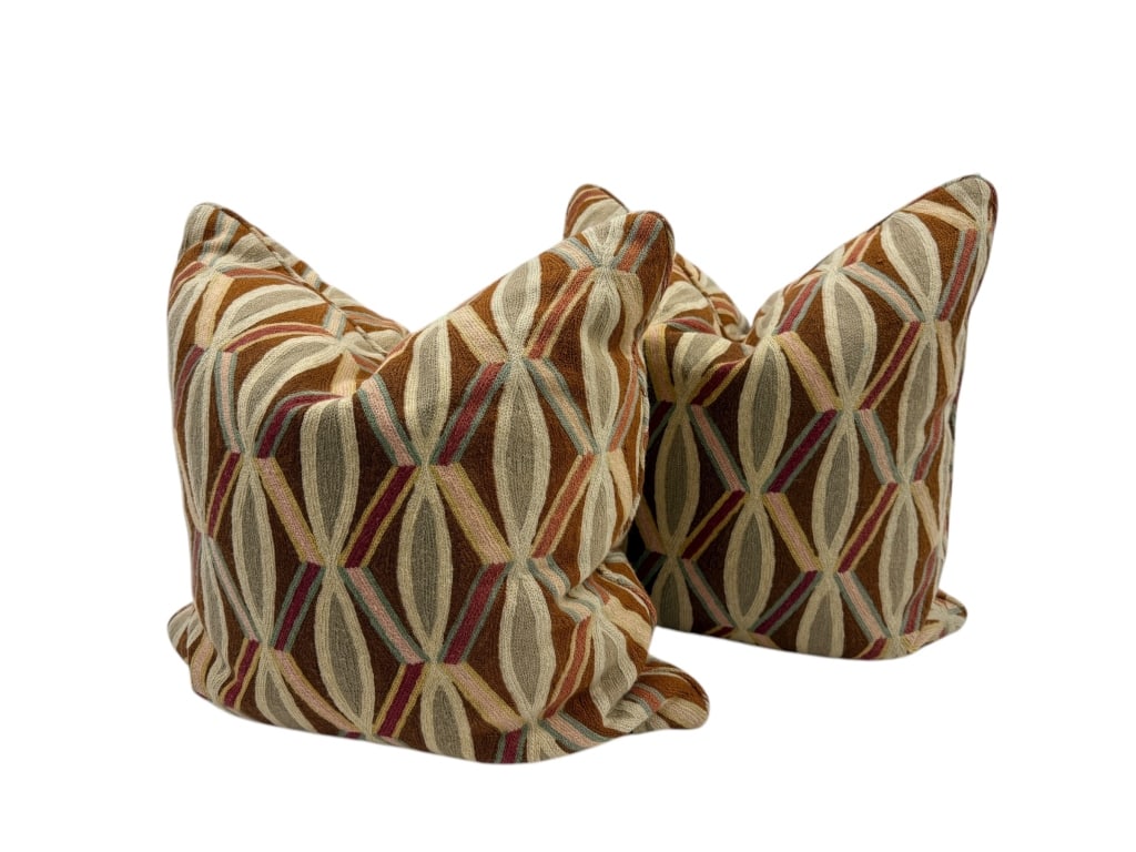 Pair Custom Made Knitted Wool Down Blend Pillows: Pair Custom Made Knitted Wool Down Blend Pillows. Mid Century style pattern with geometric design. Each measures 24 x 24 inches.