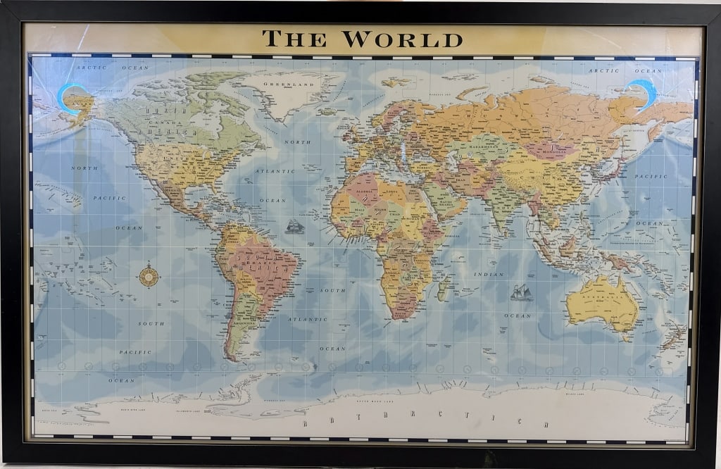 Large Scale Custom Framed World Map Print: Large Scale Custom Framed World Map Print. Measures 32.75 inches in height by 50.5 inches in width.