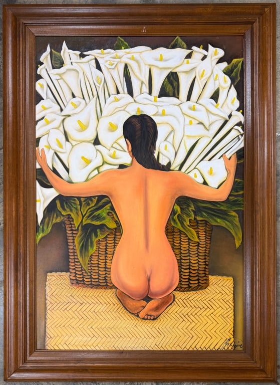 Original Signed Framed Painting After Diego Rivera: Original Signed Framed Painting After Diego Rivera. The original painting by Diego Rivera that this is a copy of is titled, "Nude with Calla Lilies" this original painting on canvas is signed bottom