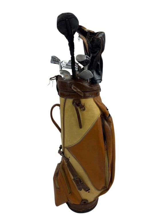 Collection of Vintage Golf Clubs in Golf Bag: Collection of Vintage Golf Clubs or Putters in Golf Bag. Including Wilson, McGregor, North Western, Spalding