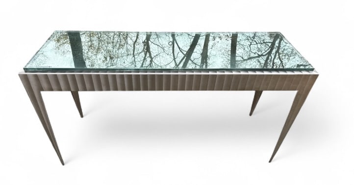 Quality Custom Made Contemporary Console Table: Quality Custom Made Contemporary Console Table. Silver leaf patina metal frame with silvered / mercury glass finish thick glass top. Measures 37 x 67 x 21 inches.