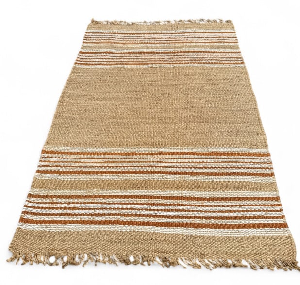 Vintage Patterned Sisal Woven Carpet w Fringe Ends: Vintage Patterned Sisal Woven Carpet w Fringe Ends. Measures approximately 8 feet by 5 feet 2 inches, not including fringe.