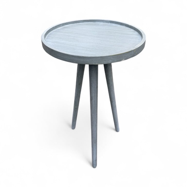 Contemporary Modern Gray Tripod Base End Table: Contemporary Modern Gray Tripod Base End Table. Measures 26 inches in height and 16 inches in diameter.